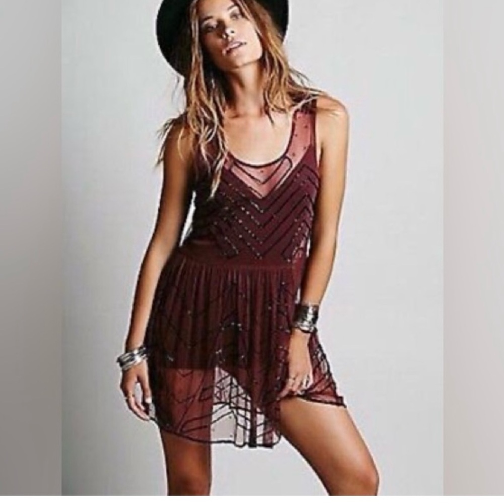Free People Sheer Mesh Beaded Blush Mauve Mini Dress nwt